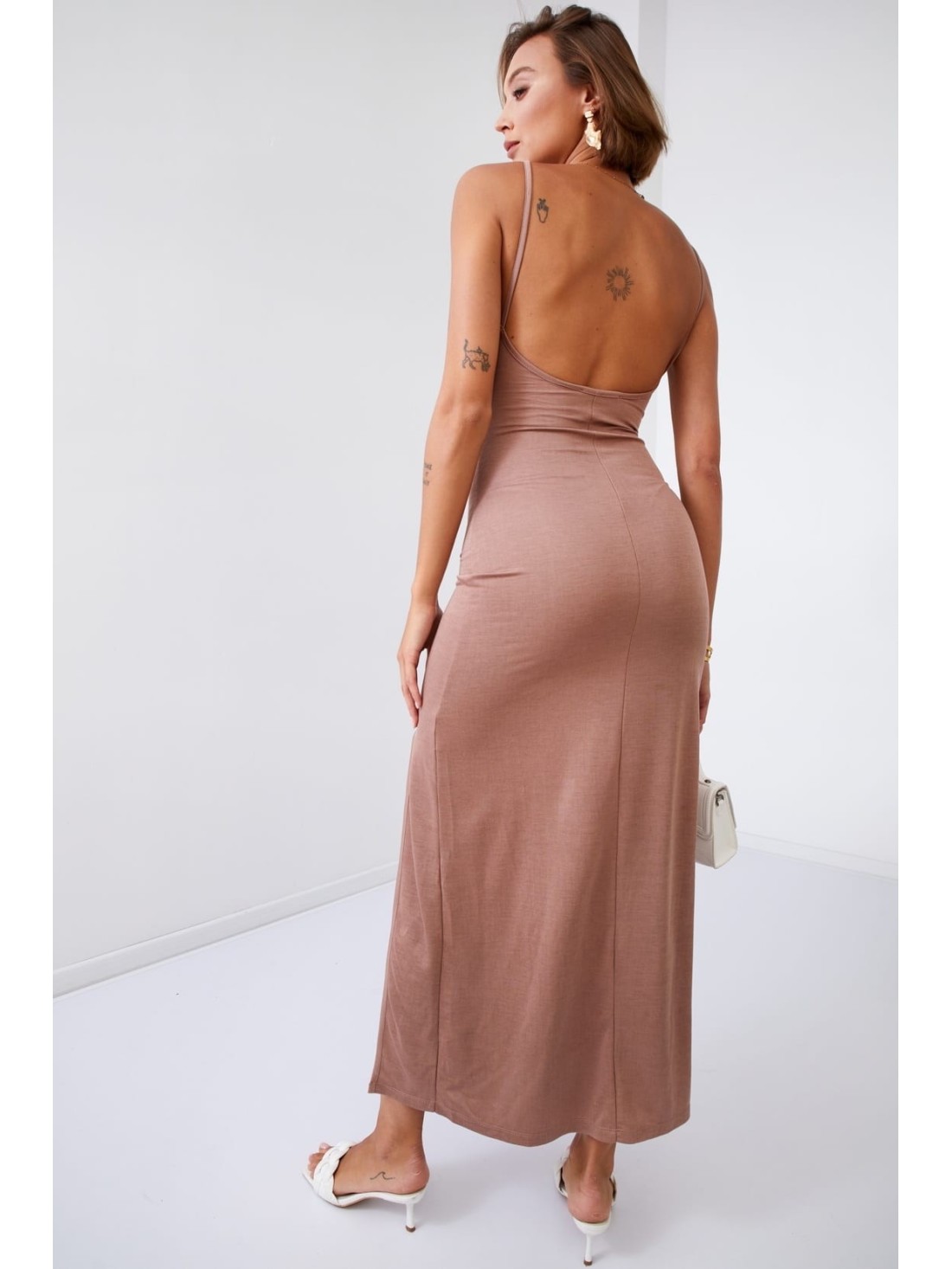 Smooth maxi dress on straps with a slit, coffee 110570 - Online store - Boutique